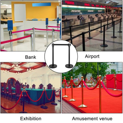 Crowd Control Stanchion, Black Retractable Belt Queue Barrier, Heavy-Duty Black Stanchion Posts w/ Concrete & Metal Base