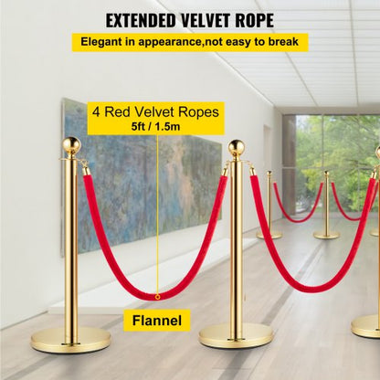 Premium Crowd Control Stanchion Set with Red Velvet Rope, Gold Stainless Steel Posts & Heavy-Duty Base