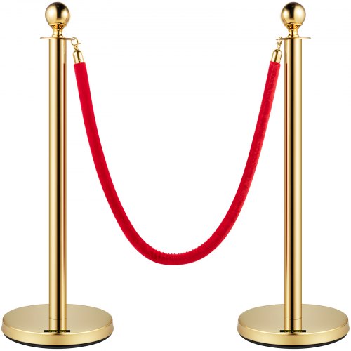 Premium Crowd Control Stanchion Set with Red Velvet Rope, Gold Stainless Steel Posts & Heavy-Duty Base