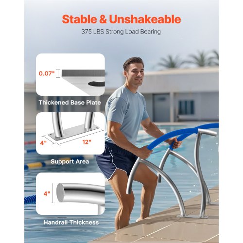 304 Stainless Steel Stair Pool Hand Rail 375lbs Load Capacity With Quick Mount Base Plate  Complete 3