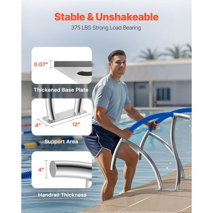 304 Stainless Steel Stair Pool Hand Rail 375lbs Load Capacity With Quick Mount Base Plate  Complete 3