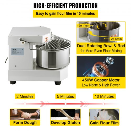 450W Commercial Dough Mixer 73Qt Stainless Steel Spiral Kneader With Timer  Safety Shield For Pizze 4
