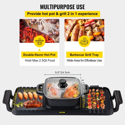 2400W 2in1 Electric Hot Pot  Grill Dual Temp Control Smokeless BBQ Pan With Nonstick Coating For 18 3
