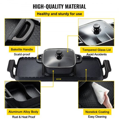 2400W 2in1 Electric Hot Pot  Grill Dual Temp Control Smokeless BBQ Pan With Nonstick Coating For 18 5