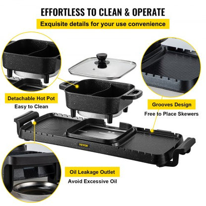 2400W 2in1 Electric Hot Pot  Grill Dual Temp Control Smokeless BBQ Pan With Nonstick Coating For 18 6