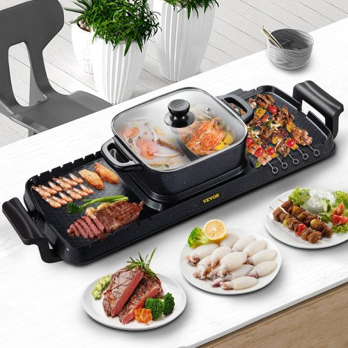 2400W 2-in-1 Electric Hot Pot & Grill, Dual Temp Control Smokeless BBQ Pan with Nonstick Coating for 1-8 People