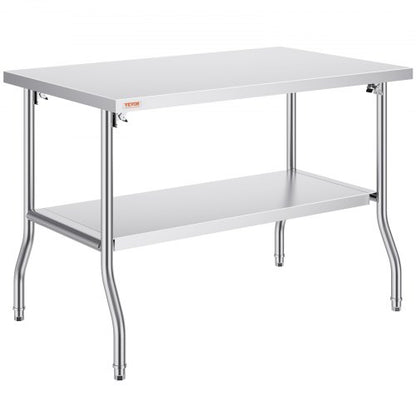 Stainless Steel Folding Table, 48x30 Inch Commercial Prep Table w/Double Shelves, Heavy-Duty 772 lbs Load