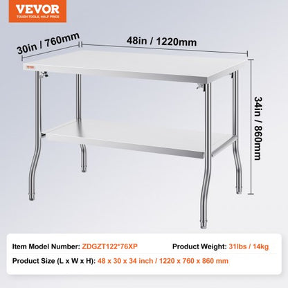 Stainless Steel Folding Table 48x30 Inch Commercial Prep Table WDouble Shelves HeavyDuty 772 Lbs Lo 7