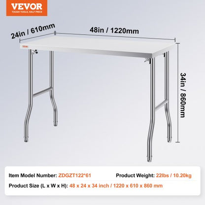 HeavyDuty Stainless Steel Folding Table 48 X 24 Kitchen Work Table With 661 Lbs Load Capacity Silve 7