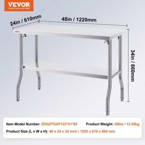 Commercial Stainless Steel Folding Prep Table HeavyDuty 300 Lbs Capacity Undershelf Storage Kitchen 7