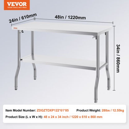Commercial Stainless Steel Folding Prep Table HeavyDuty 300 Lbs Capacity Undershelf Storage Kitchen 7