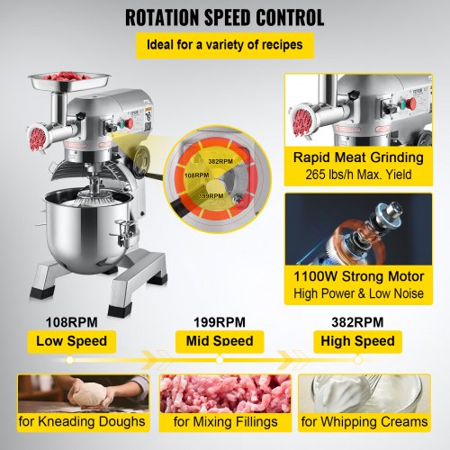 Commercial Stand Mixer, Stainless Steel Bowl, Electric Food Mixer with Meat Grinder, Dough Hook, Whisk & Beater