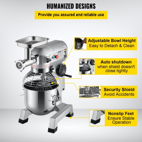 Commercial Stand Mixer, Stainless Steel Bowl, Electric Food Mixer with Meat Grinder, Dough Hook, Whisk & Beater