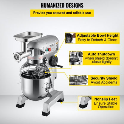 Commercial Stand Mixer, Stainless Steel Bowl, Electric Food Mixer with Meat Grinder, Dough Hook, Whisk & Beater