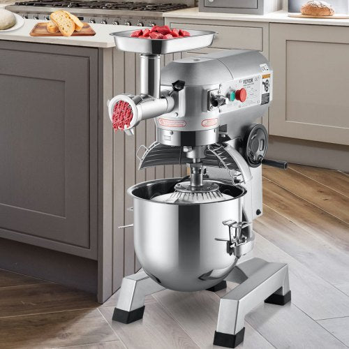 Commercial Stand Mixer, Stainless Steel Bowl, Electric Food Mixer with Meat Grinder, Dough Hook, Whisk & Beater