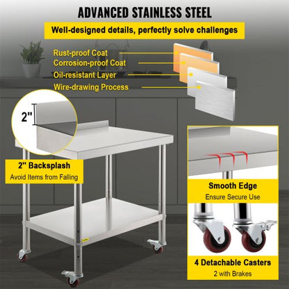 36 X 24 Inch Stainless Steel Prep Table 440lb Capacity Commercial Worktable With Adjustable Undersh 5