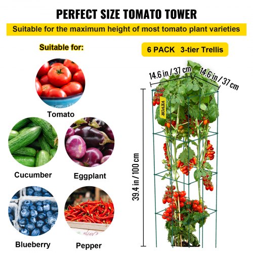 6Pack 394 Tomato Cages 146 Square Plant Support For Vegetables Fruits  Flowers  Green PVCCoated Ste 4