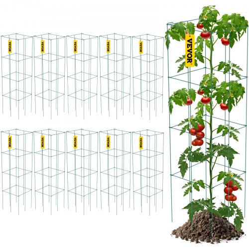 Tomato Cages 10 Pack, 3-Tier 46.1" Tall Square Plant Support Cages, Sturdy Green PVC-Coated Steel Trellis for Tomatoes
