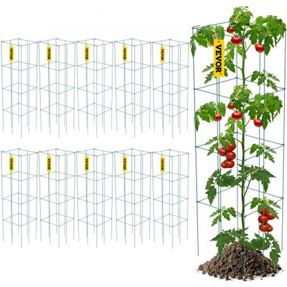 Tomato Cages 10 Pack, 3-Tier 46.1" Tall Square Plant Support Cages, Sturdy Green PVC-Coated Steel Trellis for Tomatoes