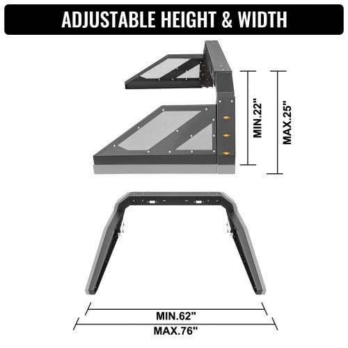 Adjustable Truck Roll Bar Chase Rack with Amber Side Marker Lamps, Universal Fit, Heavy-Duty Steel for Pickup Truck Beds