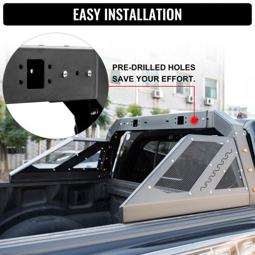 Adjustable Truck Roll Bar Chase Rack with Amber Side Marker Lamps, Universal Fit, Heavy-Duty Steel for Pickup Truck Beds