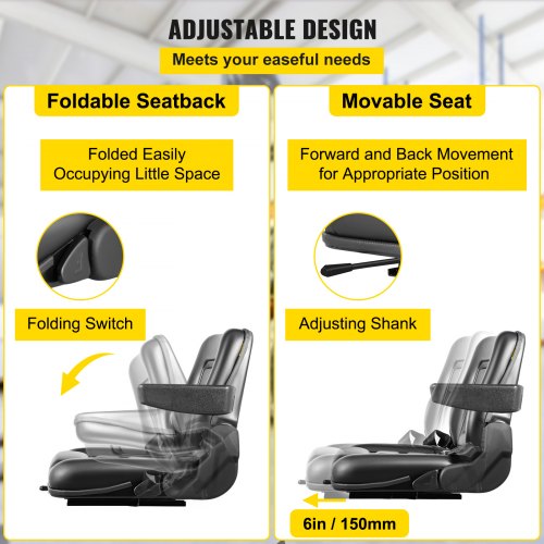 Heavy-Duty Universal Forklift Seat Black PVC Tractor Seat, Adjustable Mower Seat with Armrests, Seat Belt & Switch