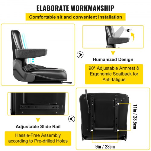 Heavy-Duty Universal Forklift Seat Black PVC Tractor Seat, Adjustable Mower Seat with Armrests, Seat Belt & Switch