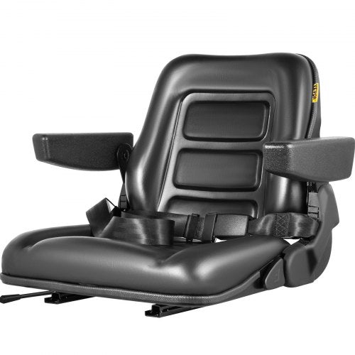 Heavy-Duty Universal Forklift Seat Black PVC Tractor Seat, Adjustable Mower Seat with Armrests, Seat Belt & Switch