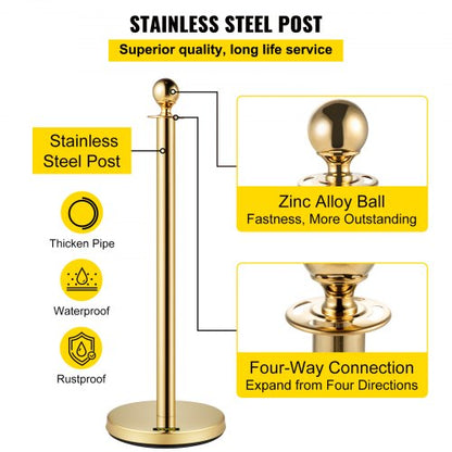 Stainless Steel Gold Stanchion Posts with Ball Top, Red Velvet Ropes and Posts, Crowd Control Barrier for Hotels, Events
