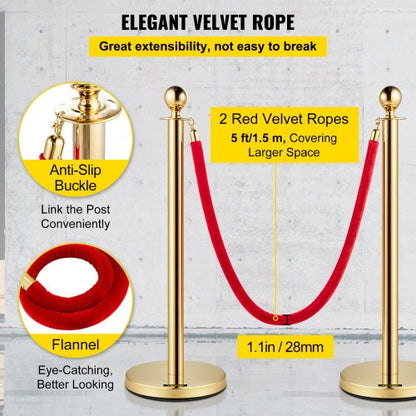 Stainless Steel Gold Stanchion Posts with Ball Top, Red Velvet Ropes and Posts, Crowd Control Barrier for Hotels, Events