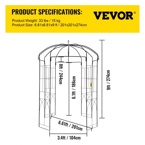 Heavy Duty Wrought Iron Birdcage Shape Garden Arbor, Wedding Arch Trellis for Climbing Vines in Outdoor Garden, Lawn