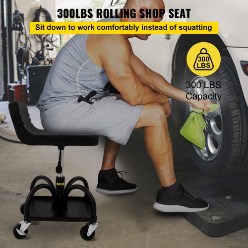Adjustable Rolling Garage Stool, LBS Mechanic Seat, Swivel Wheels & Steel Tool Tray for Workshop, Garage & Auto Repair
