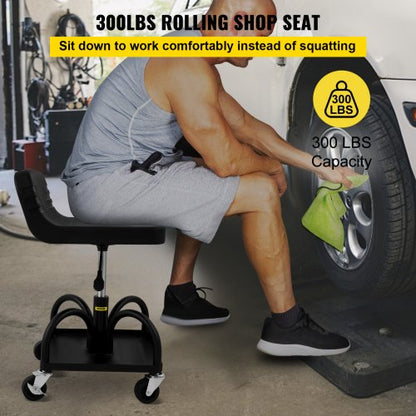Adjustable Rolling Garage Stool, LBS Mechanic Seat, Swivel Wheels & Steel Tool Tray for Workshop, Garage & Auto Repair