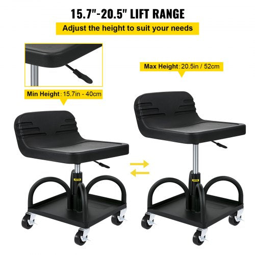 Adjustable Rolling Garage Stool, LBS Mechanic Seat, Swivel Wheels & Steel Tool Tray for Workshop, Garage & Auto Repair