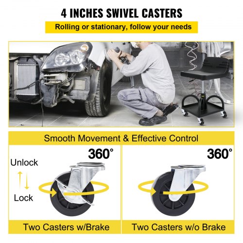 Adjustable Rolling Garage Stool, LBS Mechanic Seat, Swivel Wheels & Steel Tool Tray for Workshop, Garage & Auto Repair