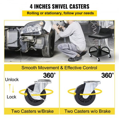Adjustable Rolling Garage Stool, LBS Mechanic Seat, Swivel Wheels & Steel Tool Tray for Workshop, Garage & Auto Repair
