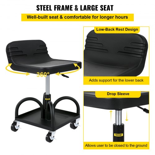 Adjustable Rolling Garage Stool, LBS Mechanic Seat, Swivel Wheels & Steel Tool Tray for Workshop, Garage & Auto Repair