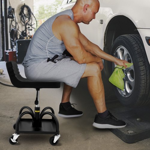 Adjustable Rolling Garage Stool, LBS Mechanic Seat, Swivel Wheels & Steel Tool Tray for Workshop, Garage & Auto Repair