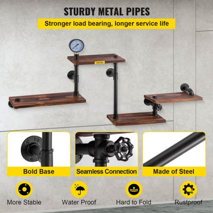 Pipe Shelves with Wood Planks, Rustic Industrial Wall Mounted Floating Shelving for Bar, Kitchen, Bathroom, Farmhouse