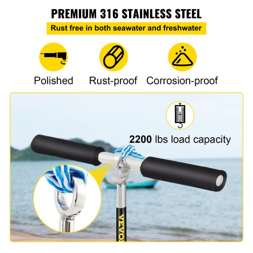 Stainless Steel Sand Anchor, Auger for Beach, Sandbar & Shallow Water, Removable Handle, Bungee Line & Bag