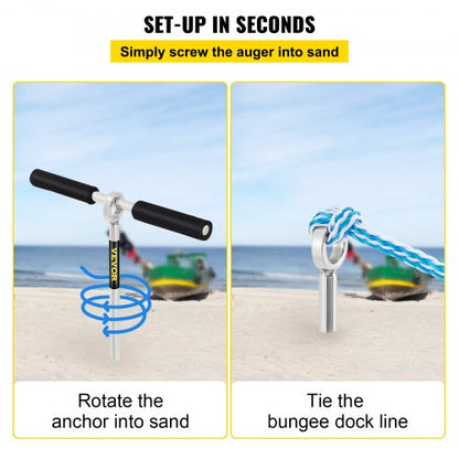 Stainless Steel Sand Anchor, Auger for Beach, Sandbar & Shallow Water, Removable Handle, Bungee Line & Bag