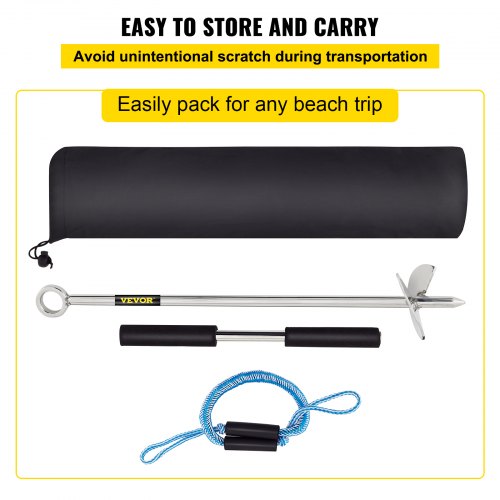 Stainless Steel Sand Anchor, Auger for Beach, Sandbar & Shallow Water, Removable Handle, Bungee Line & Bag
