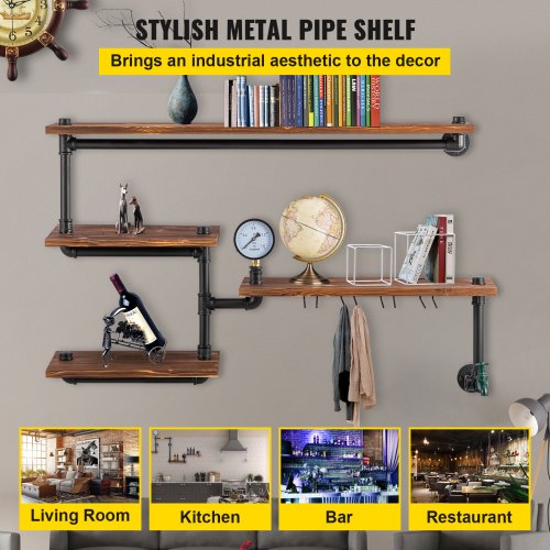 DIY Industrial Pipe Shelving 4Tier Black Steel Pipe  Wood Wall Shelves Modern Rustic Storage Soluti 2