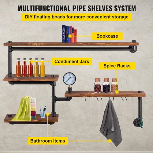 DIY Industrial Pipe Shelving 4Tier Black Steel Pipe  Wood Wall Shelves Modern Rustic Storage Soluti 3