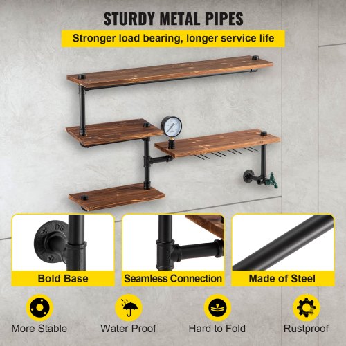DIY Industrial Pipe Shelving 4Tier Black Steel Pipe  Wood Wall Shelves Modern Rustic Storage Soluti 4