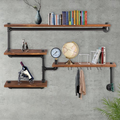 DIY Industrial Pipe Shelving, 4-Tier Black Steel Pipe & Wood Wall Shelves, Modern Rustic Storage Solution for Books