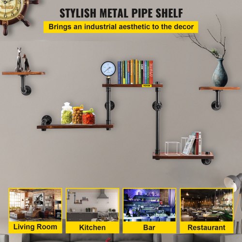 Rustic Industrial Pipe Shelves, Wall Mounted Floating Shelf with Wood Planks, DIY Bookshelf for Farmhouse, Kitchen