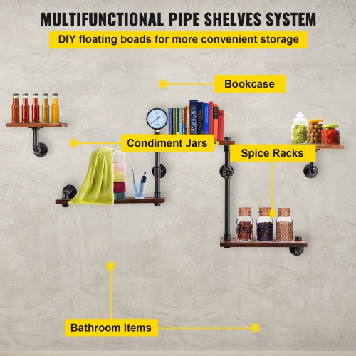 Rustic Industrial Pipe Shelves, Wall Mounted Floating Shelf with Wood Planks, DIY Bookshelf for Farmhouse, Kitchen