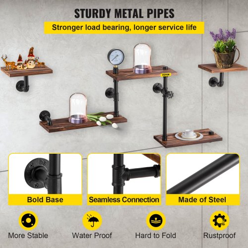 Rustic Industrial Pipe Shelves, Wall Mounted Floating Shelf with Wood Planks, DIY Bookshelf for Farmhouse, Kitchen