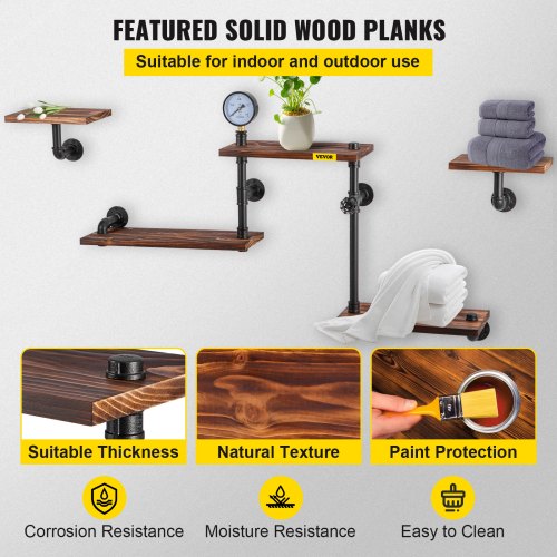 Rustic Industrial Pipe Shelves, Wall Mounted Floating Shelf with Wood Planks, DIY Bookshelf for Farmhouse, Kitchen